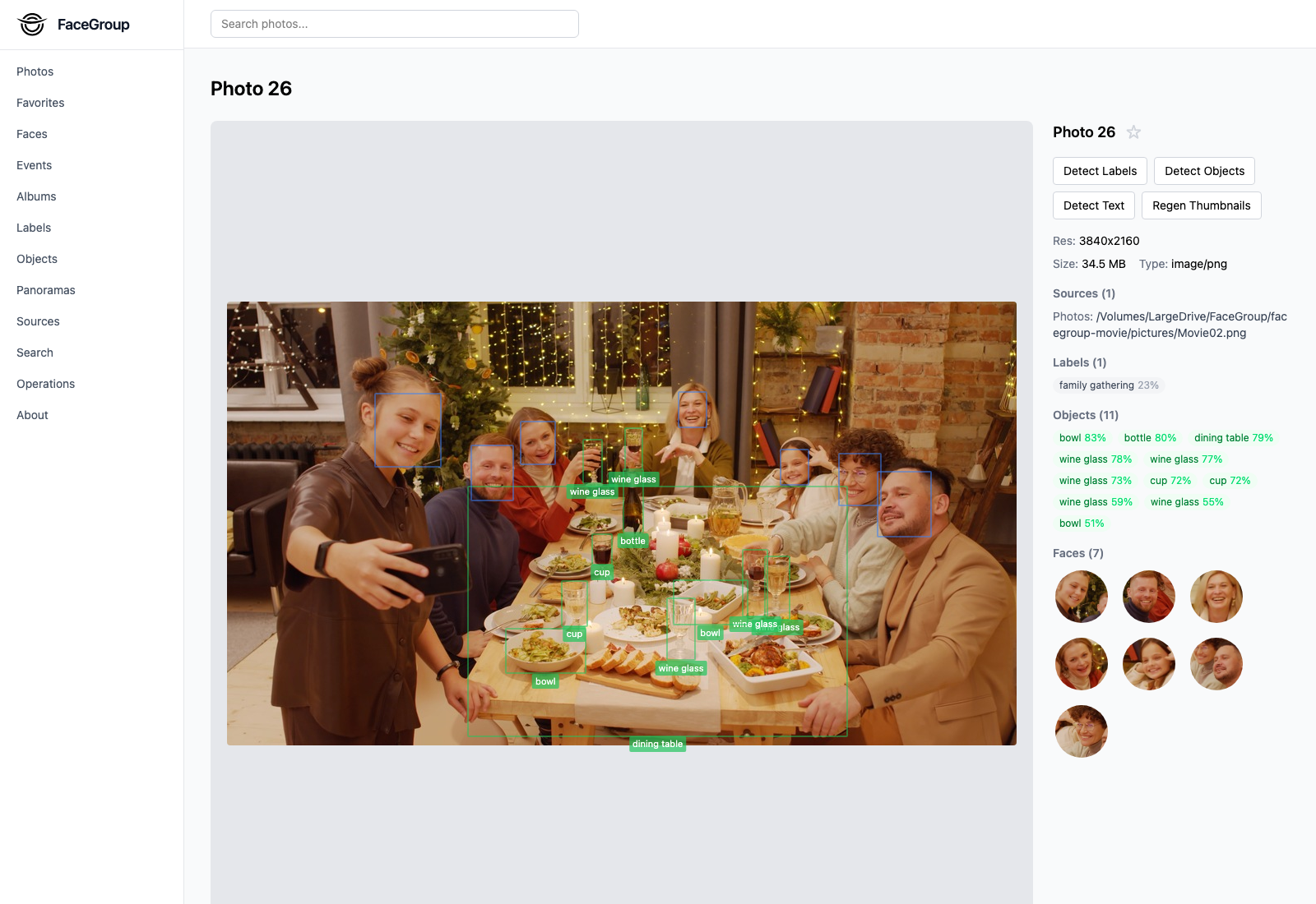 A photo with detected faces, objects, and text outlined by bounding boxes, with labels and people listed in the sidebar